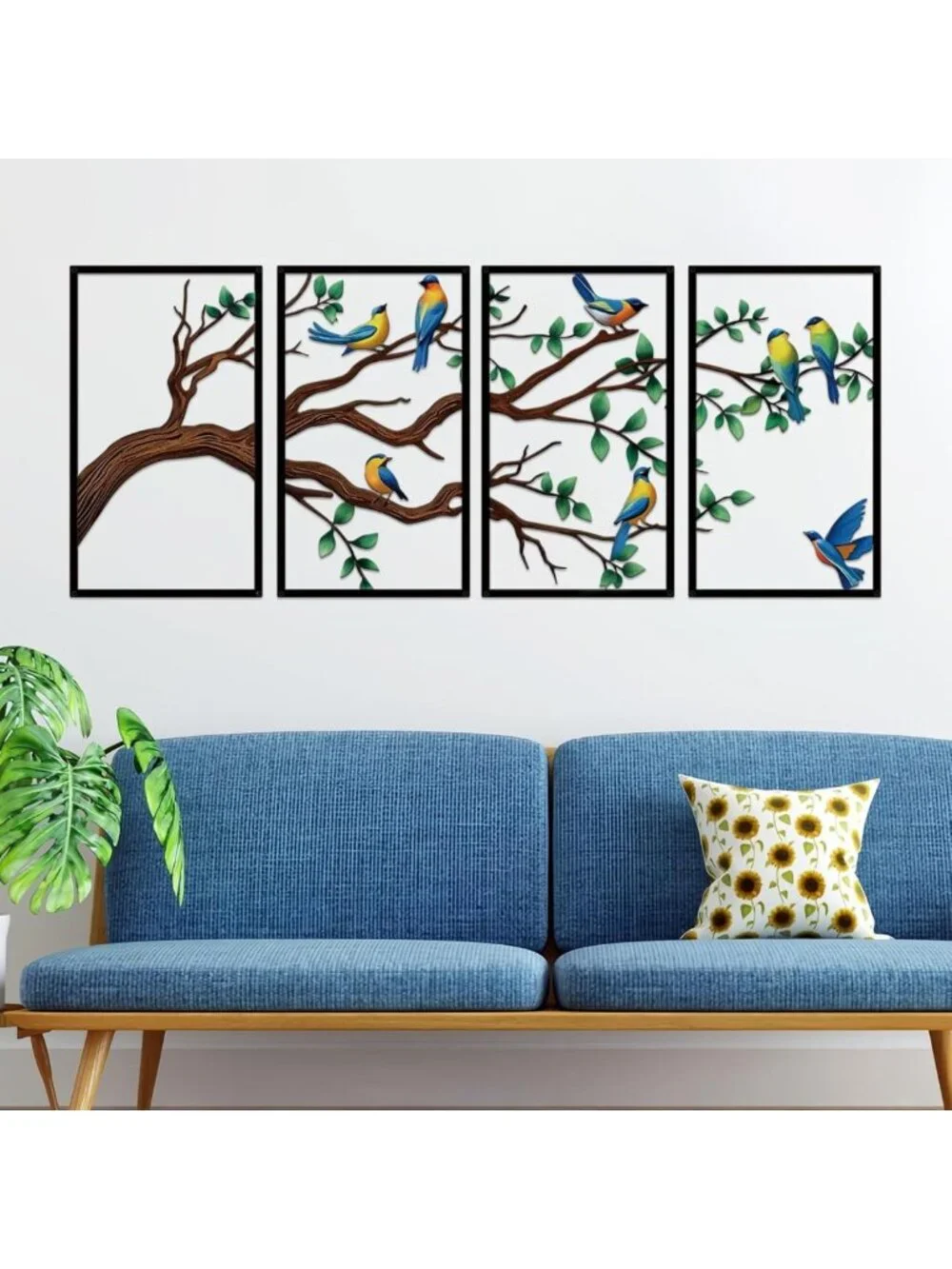 4-Piece Large Metal Birds & Branch Wall Art - Colorful Tree of Life Sculpture